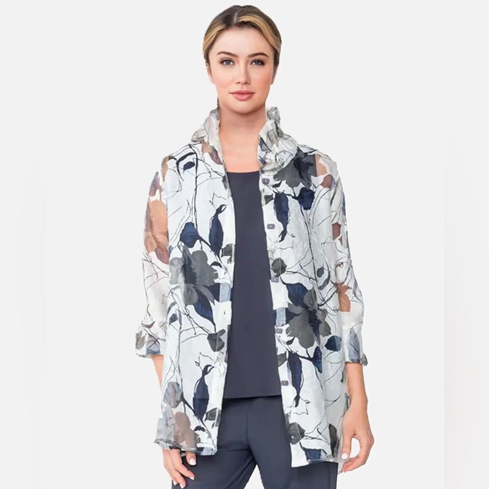 IC By Connie K Wire Collar Floral Burnout Tunic Jacket Blue and White XL NWOT